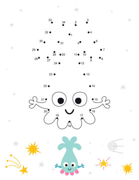 Space activities for kids. Dot to dot game – Cute Alien. Numbers games for kids. Coloring page. Vector illustration.
