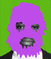 Contemporary art collage. Sad desperate man covered with purple falling down face paint isolated over green background