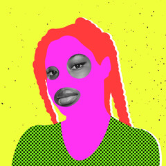 Contemporary art collage. Young woman with drawn face elements isolated over neon yellow background