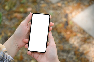 Female hands holding a smartphone blank screen mockup