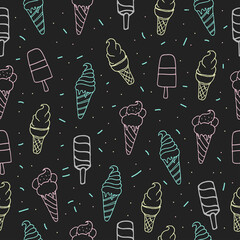 doodle ice cream art. seamless pattern with set of ice cream with sprinkles illustration isolated on blackboard background. colorful outline, hand drawn vector. wallpaper, backdrop, wrapping paper.
