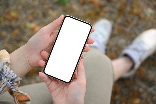 Female Sits In The Park And Uses Her Smartphone To Unwind.