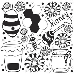honey icon. monochrome style, black and white colors. hand drawn vector. honey-hand drawn lettering with flower, bee, jar, hexagon and beehive illustration. doodle honey art for kids, logo, sticker. 