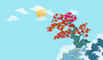 Fototapeta na wymiar sakura illustration wallpapers oriental painting solid color