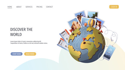 Travel, tourism, adventure, journey concept. Globe, photo cards, phone with travel playlist. Vector illustration, website template.