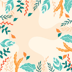Fototapeta na wymiar beautiful foliage on pink wavy background. hand drawn vector. leaf frame, border. colorful leaves illustration. blank space design template. wallpaper, greeting and invitation card, postcard, poster. 