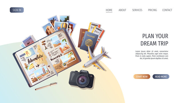 Travel journal, passports and tickets, camera and airplane. Travel, tourism, adventure, journey concept. Vector illustration, website template.