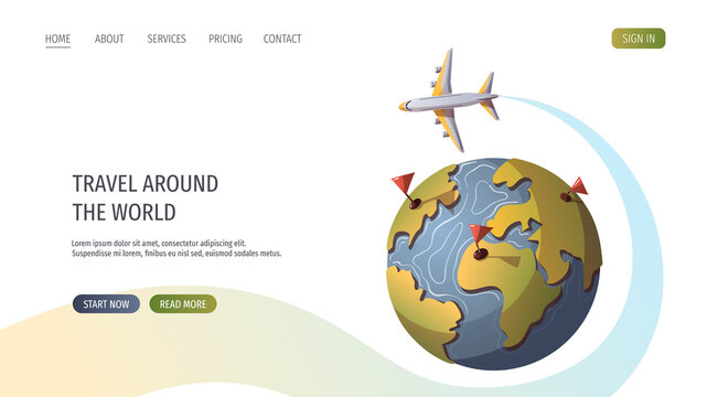 Airplan flying around the globe. Travel, tourism, adventure, journey concept. Vector illustration for banner, poster, website, advertising.