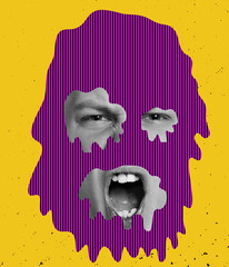 Obraz premium Contemporary colorful and conceptual bright art collage. Young man shouting, screaming, expressing anger isolated over yellow background