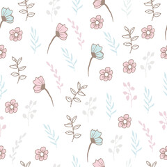 Fototapeta na wymiar beautiful flower with pastel color. hand drawn vector. seamless pattern with flower and leaf illustration on white background. vintage background. wallpaper, wrapping paper and gift, fabric, textile. 
