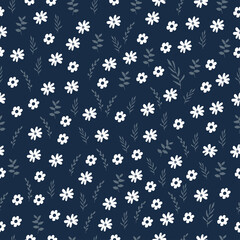 small shape white flower with leaf illustration on navy background. hand drawn vector. seamless pattern with blooming flower and leaf. wallpaper, wrapping paper and gift, backdrop, fabric, textile. 