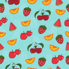 fresh fruits icon. seamless pattern with leaf, apple, strawberry, watermelon, cherry and orange fruits illustration on blue background. glossy color. wallpaper, wrapping paper and gift, fabric. 