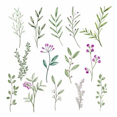 Set watercolor elements of burgundy flowers, leaves, branches, Botanic illustration isolated on white background.