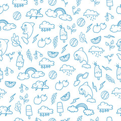 cute doodle art. holiday icon. cloud, rainbow, dolphin, cherry, apple, orange fruit, leaf, ball, and ice cream illustration. seamless pattern with doodle art. isolated on white. wallpaper, wrapping