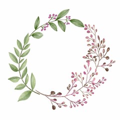Watercolor floral wreath with twig branch and abstract leaves on paper.