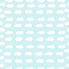 white cloud illustration on blue sky background. small shape. hand drawn vector. seamless pattern with cloud. pastel color. wallpaper, wrapping paper and gift, baby clothes, wall decoration, fabric. 