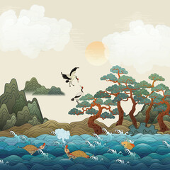 Oriental painting Asian traditional illustration sea and crane 동양화 일러스트 십장생 두루미 거북이 소나무