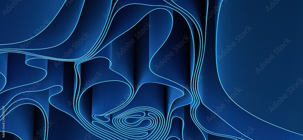 Poster 3D render abstract background of smooth lines of spline blue waves