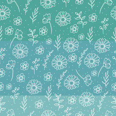 seamless pattern with beautiful flower with leaf illustration isolated on gradient blue background. white outline, hand drawn vector. wallpaper, wrapping paper and gift, backdrop, fabric, textile. 