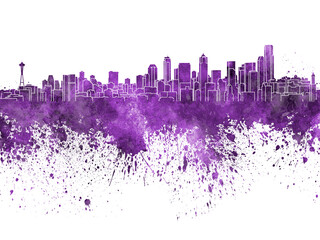 Seattle skyline in purple watercolor on white background