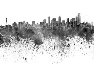 Seattle skyline in black watercolor on white background