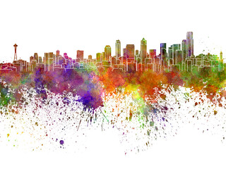Seattle skyline in watercolor on white background