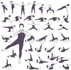 Big set of vector silhouettes of woman practicing fitness and yoga. Contours of girl in costume doing exercises and stretching in different poses isolated on white background. 