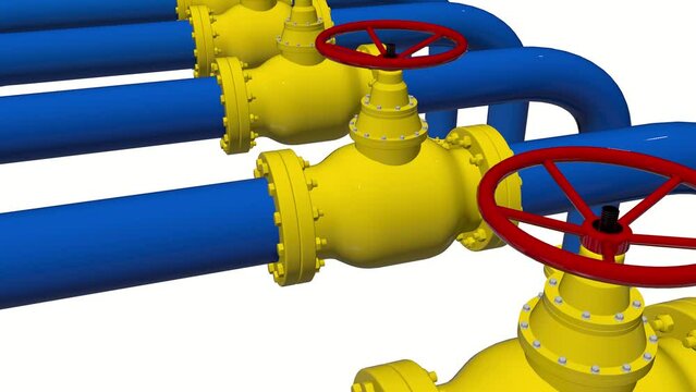 Gas Valves. gas distribution station. Gas distributor. Yellow valves and blue pipes.