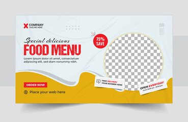 Creative fast food business promotion web banner template design, Restaurant healthy burger online sale social media marketing cover or web banner