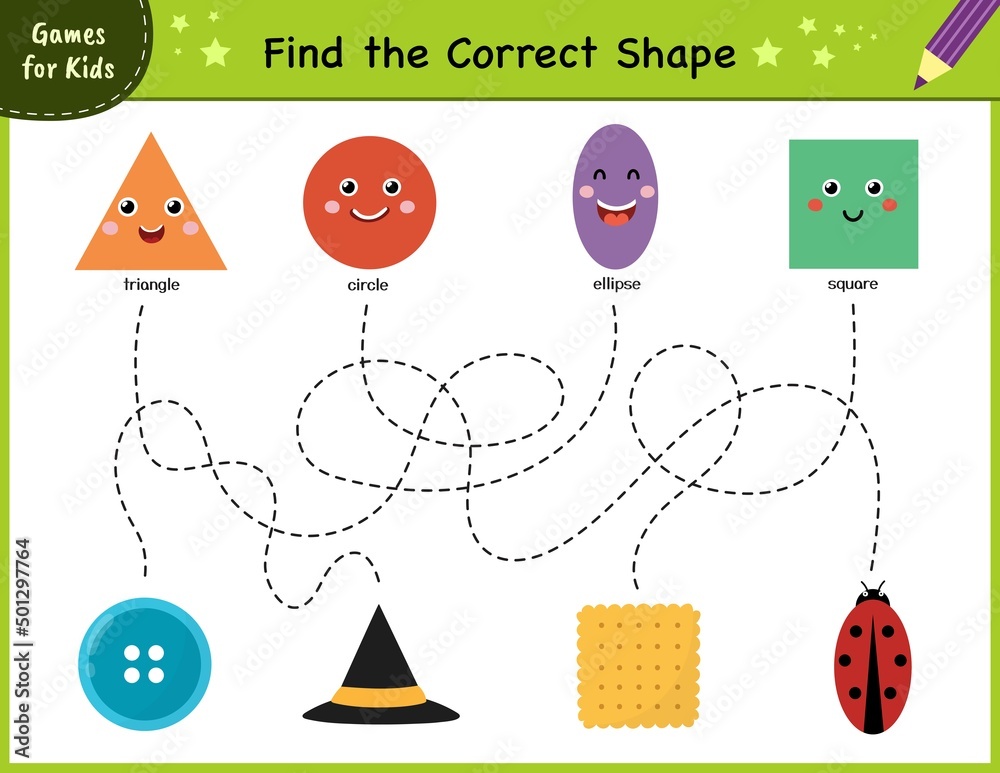 Wall mural find the correct shape. maze game for kids. learning shapes activity page for preschool. puzzle temp