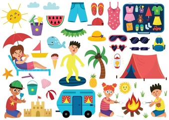 Set of cute summer elements with kids, palm, whale, camping, beach toys and sunglasses. Hello summer collection in cartoon style. Children enjoying their vacations. Vector illustration