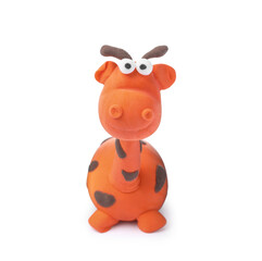 Small giraffe made from play dough on white background