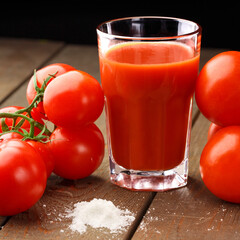 A glass cup with tomato juice, next to it lies a branch of tomatoes. On a wooden table there is a glass of tomato juice and tomatoes lie on a black background.