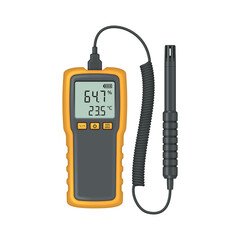 Realistic thermohygrometer with probe. Measuring device designed to determine the humidity of air and gases. Vector illustration.