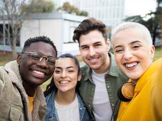 Group of diverse young people having fun. Friends having fun. Selfie POV