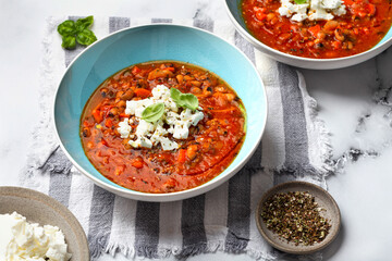fasolada Greek soup with white beans and vegetables - obrazy, fototapety, plakaty