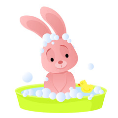 Cute pink bunny takes a bubble bath