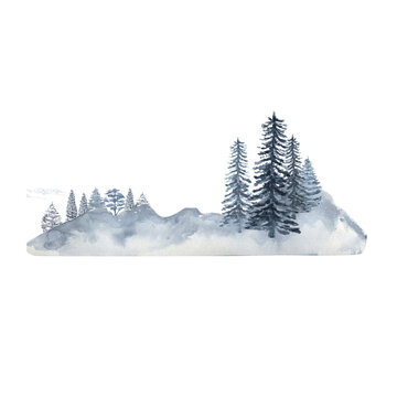 Winter forest and mountains, watercolor clipart on a white background. Watercolor illustration