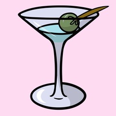 Alcoholic cocktail with olive in a glass wine glass, cartoon vector illustration
