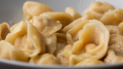 Meat dumplings, homemade russian pelmeni in bowl isolated on bright background with clipping path