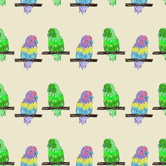 Colored parrots on twigs. Pattern, colored desktop wallpaper, pattern on fabric, background. Vector pattern.
