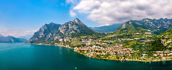Aerial panorama of Marone town on Lake Iseo in Lombardy, Italy