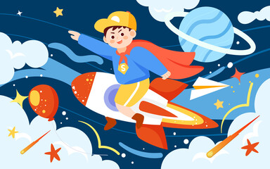 children day Boy sitting on a rocket with space and planet in the background, vector illustration
