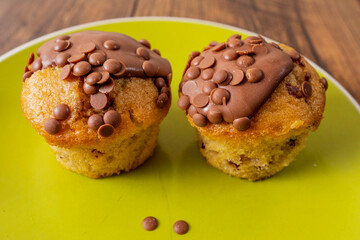 Two chocolate chip muffins on a yellow plate and wooden table . Copy space. Premium quality bakery product.