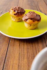 Two chocolate chip muffins on a yellow plate and white cup of tea and wooden table . Copy space. Premium quality bakery product.