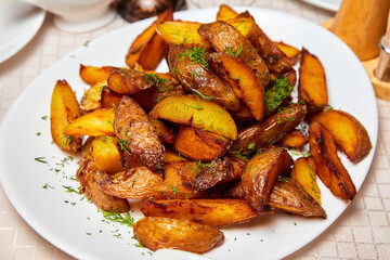 Pieces of baked potatoes on a white plate