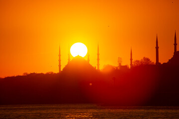 Blue Mosque and Hagia Sophia in Istanbul at sunset