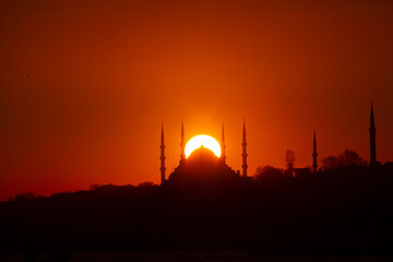 Blue Mosque and Hagia Sophia in Istanbul at sunset