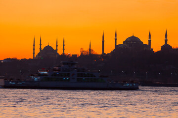 Blue Mosque and Hagia Sophia in Istanbul at sunset