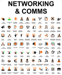 Icons set for network and communications. Total number of icons is sixty-six.